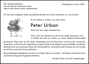 Traueranzeige von Peter Urban von Waiblinger Kreiszeitung