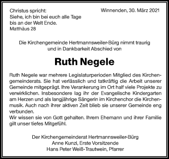 Traueranzeige von Ruth Negele von Waiblinger Kreiszeitung