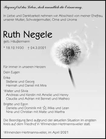 Traueranzeige von Ruth Negele von Waiblinger Kreiszeitung