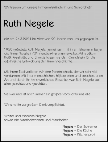Traueranzeige von Ruth Negele von Waiblinger Kreiszeitung