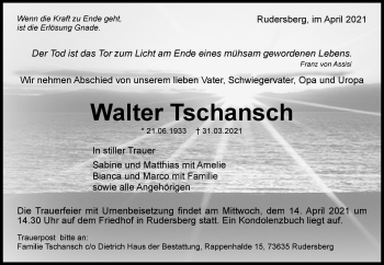 Traueranzeige von Walter Tschansch von Waiblinger Kreiszeitung