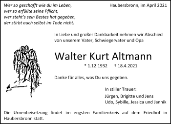 Traueranzeige von Walter Kurt Altmann von Waiblinger Kreiszeitung