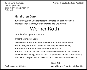 Traueranzeige von Werner Roth von Waiblinger Kreiszeitung
