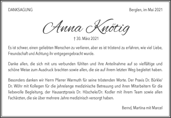 Traueranzeige von Anna Knötig von Waiblinger Kreiszeitung