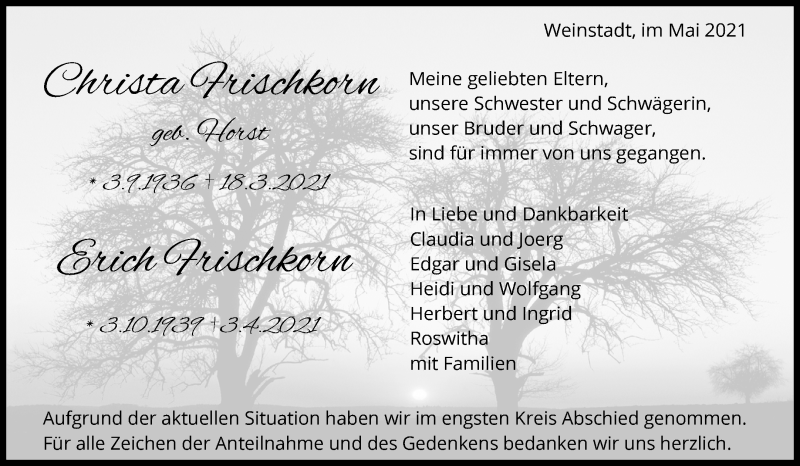  Traueranzeige für Christa Frischkorn vom 08.05.2021 aus Waiblinger Kreiszeitung