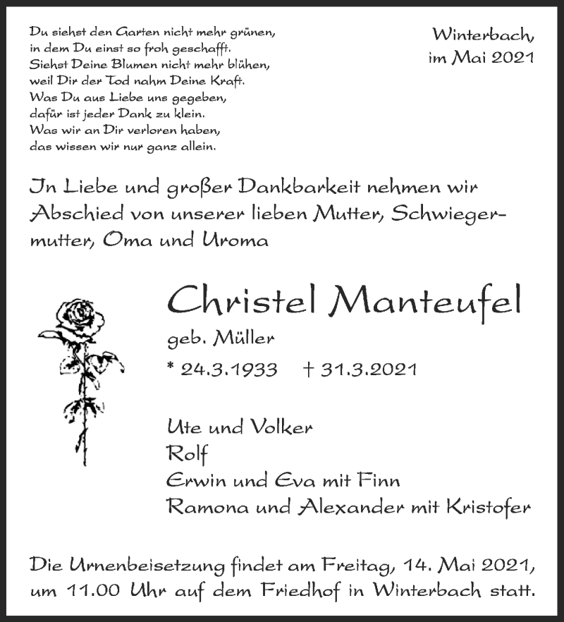  Traueranzeige für Christel Manteufel vom 08.05.2021 aus Waiblinger Kreiszeitung