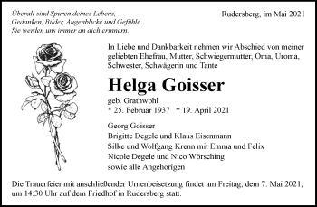 Traueranzeige von Helga Goisser von Waiblinger Kreiszeitung