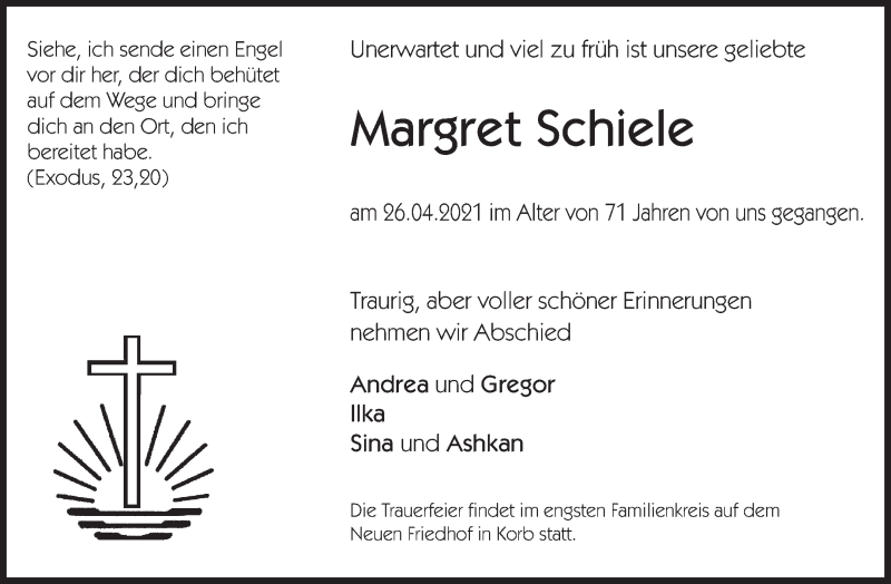  Traueranzeige für Margret Schiele vom 04.05.2021 aus Waiblinger Kreiszeitung