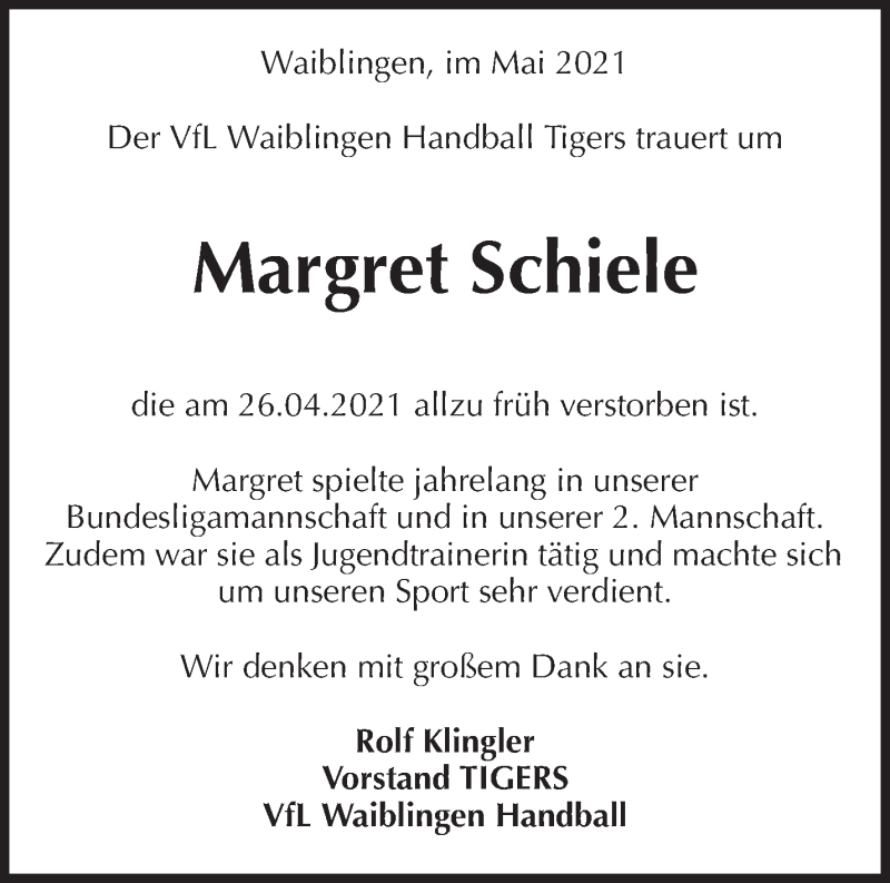  Traueranzeige für Margret Schiele vom 05.05.2021 aus Waiblinger Kreiszeitung