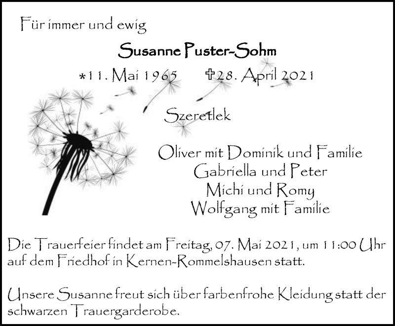  Traueranzeige für Susanne Puster-Sohm vom 04.05.2021 aus Waiblinger Kreiszeitung