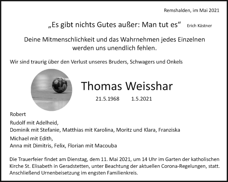  Traueranzeige für Thomas Weisshar vom 05.05.2021 aus Waiblinger Kreiszeitung