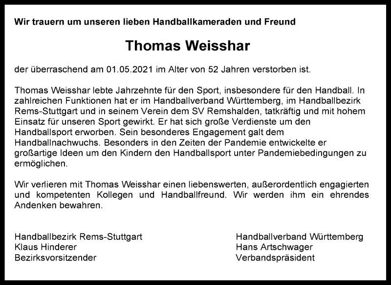  Traueranzeige für Thomas Weisshar vom 06.05.2021 aus Waiblinger Kreiszeitung