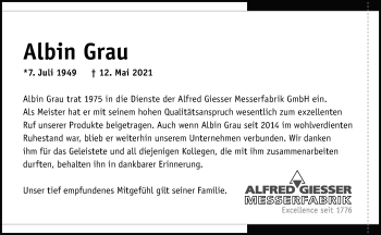 Traueranzeige von Albin Grau von Waiblinger Kreiszeitung