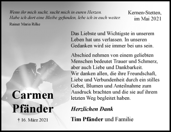 Traueranzeige von Carmen Pfänder von Waiblinger Kreiszeitung
