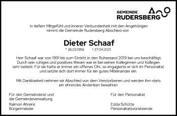 Traueranzeige von Dieter Schaaf von Waiblinger Kreiszeitung