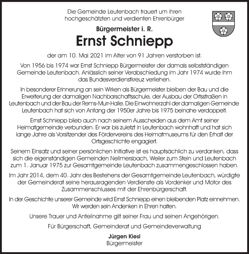  Traueranzeige für Ernst Schniepp vom 14.05.2021 aus Waiblinger Kreiszeitung
