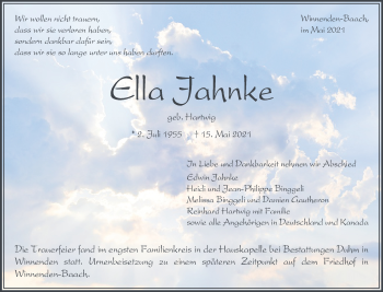 Traueranzeige von Ella Jahnke von Waiblinger Kreiszeitung