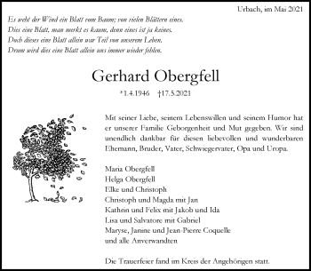 Traueranzeige von Gerhard Obergfell von Waiblinger Kreiszeitung