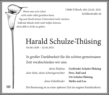 Traueranzeige von Harald Schulze-Thüsing von Waiblinger Kreiszeitung