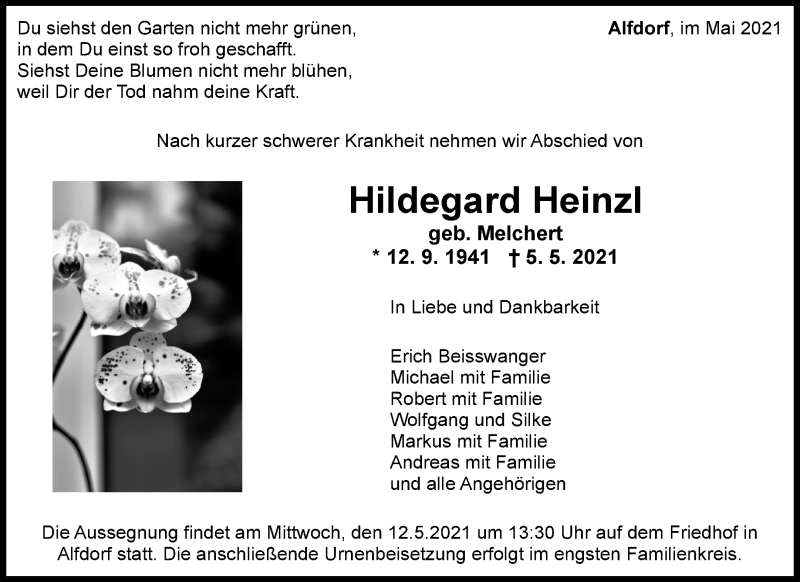 Traueranzeige für Hildegard Heinzl vom 11.05.2021 aus Waiblinger Kreiszeitung