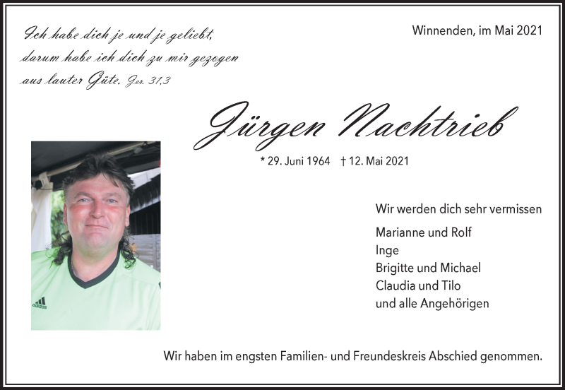  Traueranzeige für Jürgen Nachtrieb vom 22.05.2021 aus Waiblinger Kreiszeitung