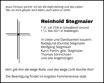 Traueranzeige von Reinhold Stegmaier von Waiblinger Kreiszeitung