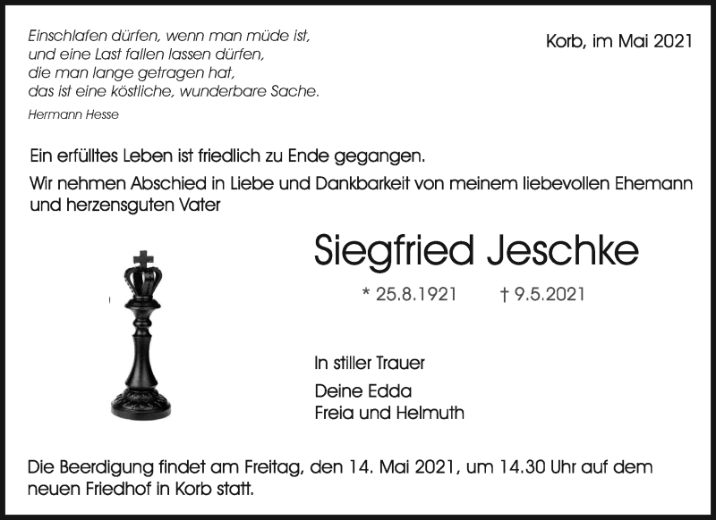  Traueranzeige für Siegfried Jeschke vom 12.05.2021 aus Waiblinger Kreiszeitung