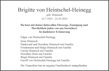 Traueranzeige von Brigitte von Heintschel-Heinegg von Waiblinger Kreiszeitung