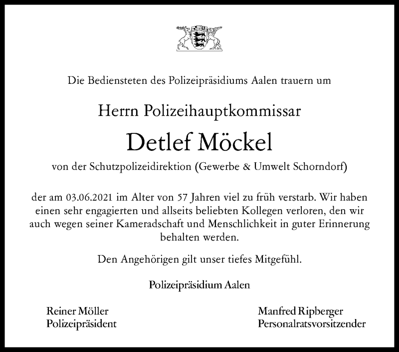  Traueranzeige für Detlef Möckel vom 09.06.2021 aus Waiblinger Kreiszeitung