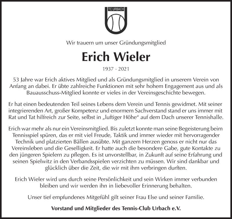  Traueranzeige für Erich Wieler vom 10.06.2021 aus Waiblinger Kreiszeitung