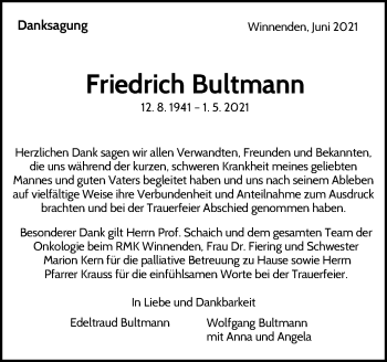 Traueranzeige von Friedrich Bultmann von Waiblinger Kreiszeitung