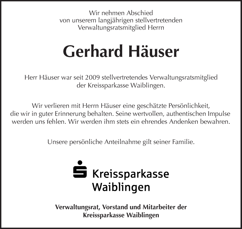  Traueranzeige für Gerhard Häuser vom 19.06.2021 aus Waiblinger Kreiszeitung
