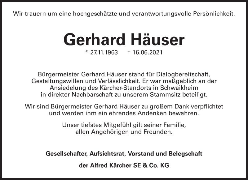  Traueranzeige für Gerhard Häuser vom 19.06.2021 aus Waiblinger Kreiszeitung