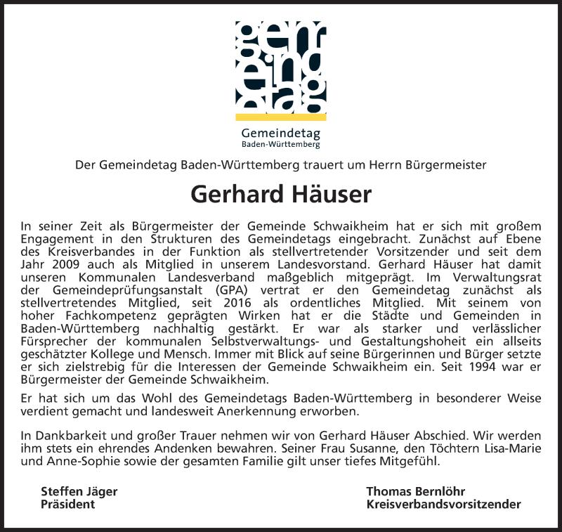  Traueranzeige für Gerhard Häuser vom 19.06.2021 aus Waiblinger Kreiszeitung