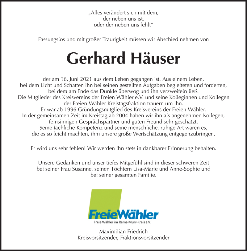  Traueranzeige für Gerhard Häuser vom 19.06.2021 aus Waiblinger Kreiszeitung