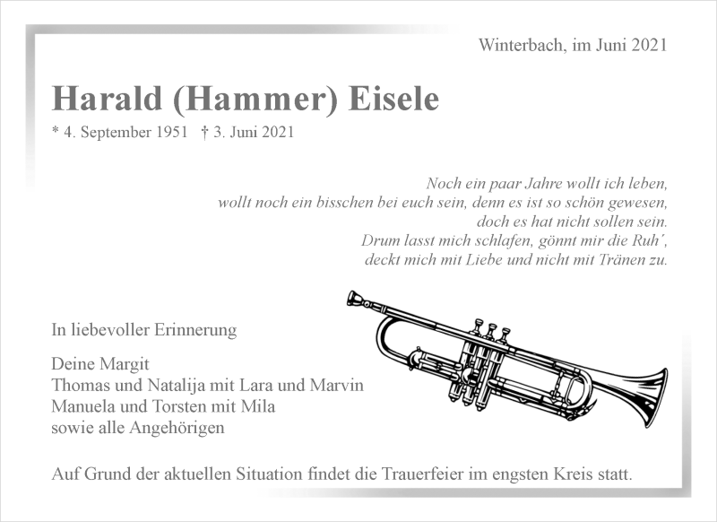  Traueranzeige für Harald Eisele vom 08.06.2021 aus Waiblinger Kreiszeitung