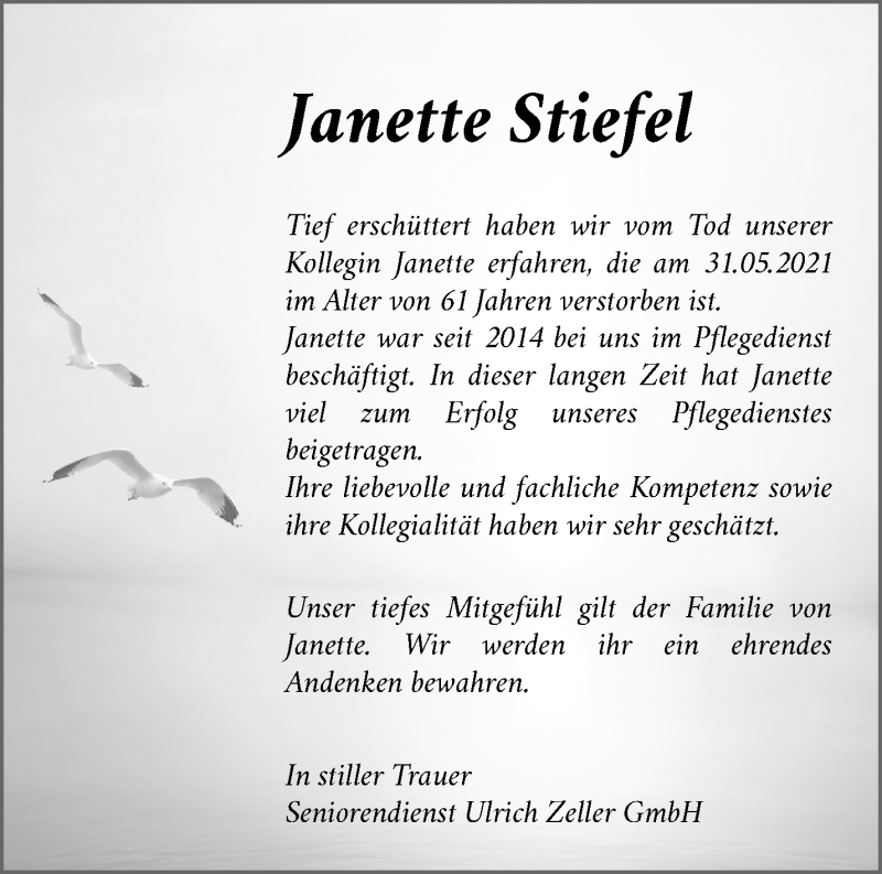  Traueranzeige für Janette Stiefel vom 08.06.2021 aus Waiblinger Kreiszeitung