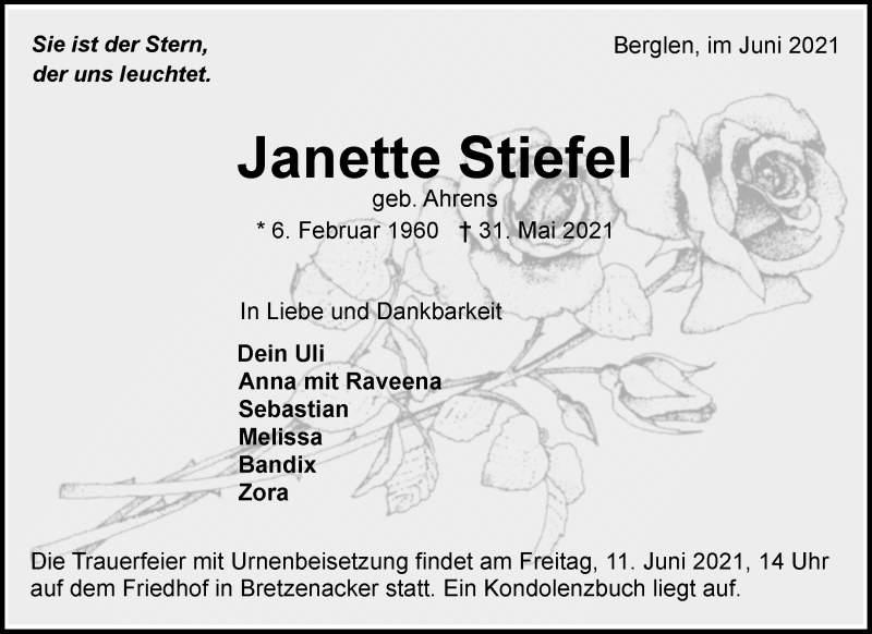  Traueranzeige für Janette Stiefel vom 08.06.2021 aus Waiblinger Kreiszeitung