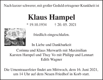 Traueranzeige von Klaus Hampel von Waiblinger Kreiszeitung