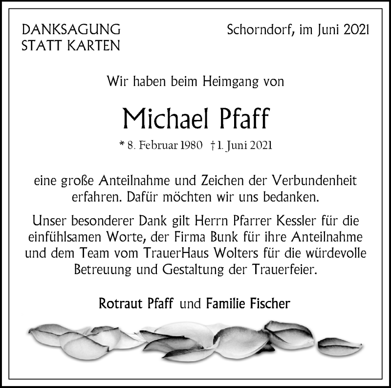  Traueranzeige für Michael Pfaff vom 26.06.2021 aus Waiblinger Kreiszeitung