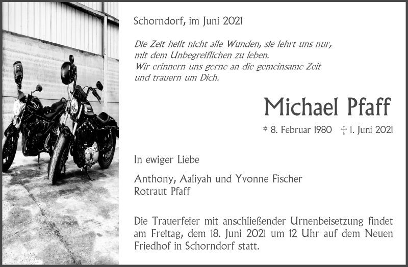  Traueranzeige für Michael Pfaff vom 12.06.2021 aus Waiblinger Kreiszeitung