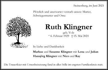 Traueranzeige von Ruth Klingner von Waiblinger Kreiszeitung