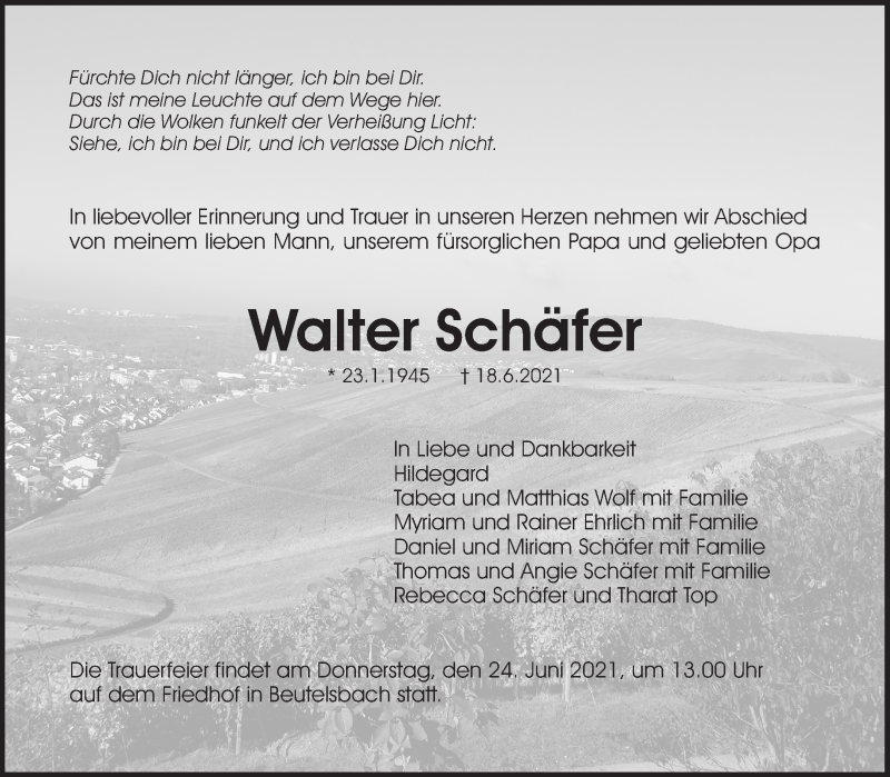  Traueranzeige für Walter Schäfer vom 22.06.2021 aus Waiblinger Kreiszeitung