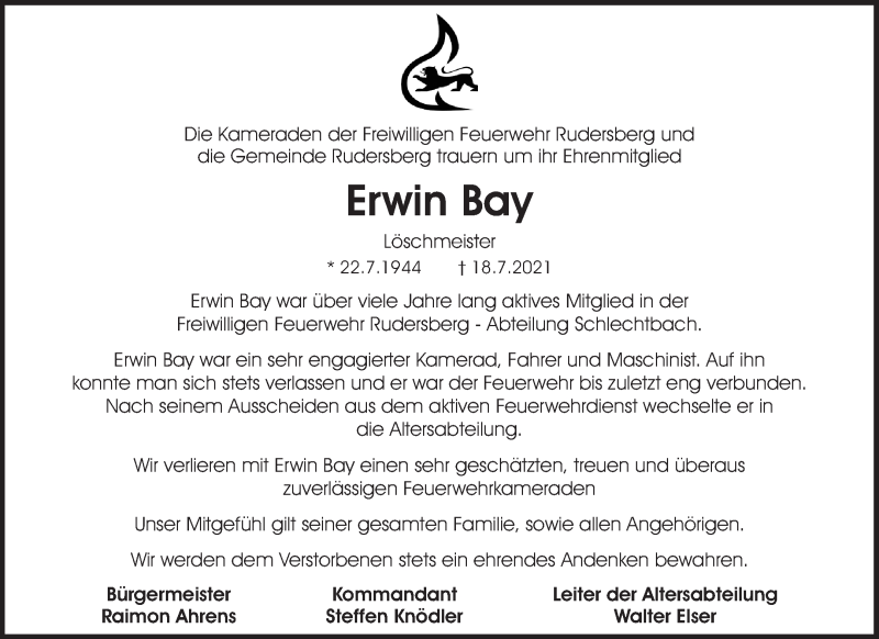  Traueranzeige für Erwin Bay vom 21.07.2021 aus Waiblinger Kreiszeitung