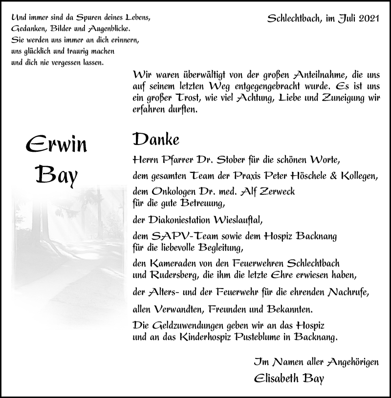  Traueranzeige für Erwin Bay vom 30.07.2021 aus Waiblinger Kreiszeitung
