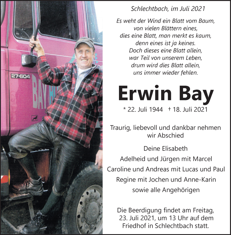  Traueranzeige für Erwin Bay vom 21.07.2021 aus Waiblinger Kreiszeitung