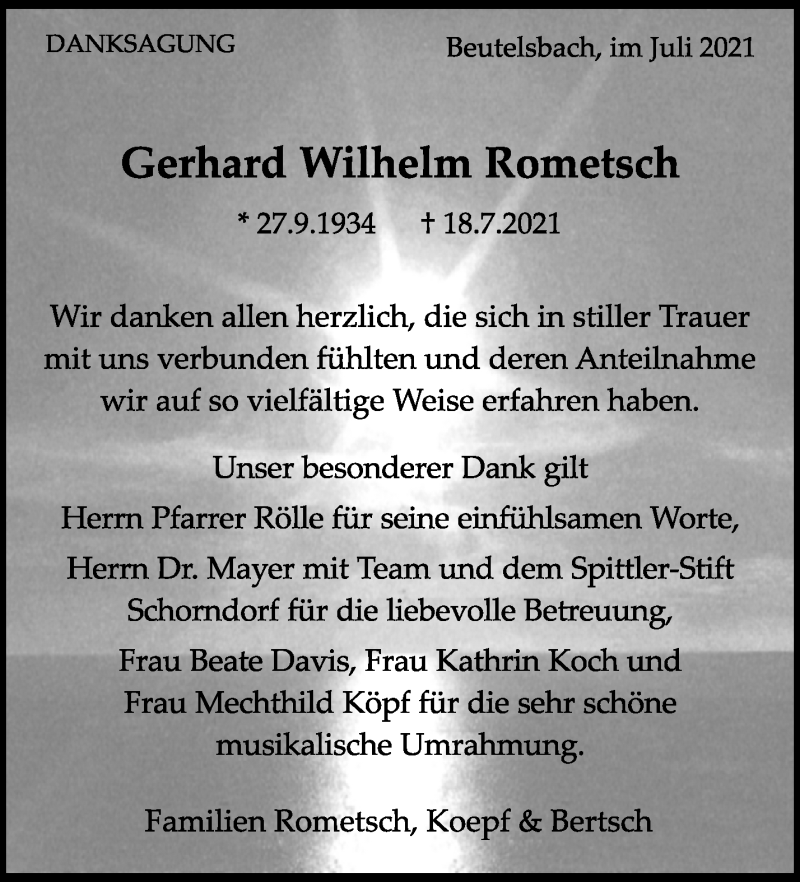  Traueranzeige für Gerhard Wilhelm Rometsch vom 30.07.2021 aus Waiblinger Kreiszeitung
