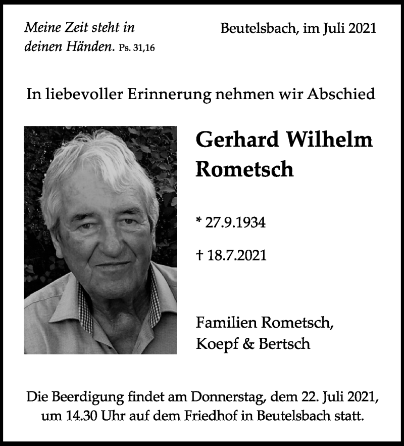  Traueranzeige für Gerhard Wilhelm Rometsch vom 21.07.2021 aus Waiblinger Kreiszeitung