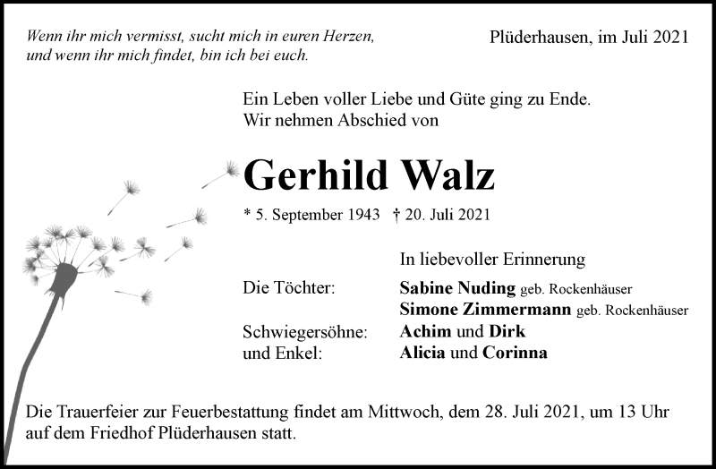  Traueranzeige für Gerhild Walz vom 24.07.2021 aus Waiblinger Kreiszeitung
