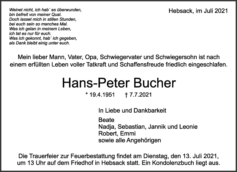  Traueranzeige für Hans-Peter Bucher vom 09.07.2021 aus Waiblinger Kreiszeitung